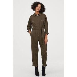 NWOT H&M Jumpsuit Women L”Boiler-Suit”Green Tie Zip-Up Pocket Long-Sleeve Cotton